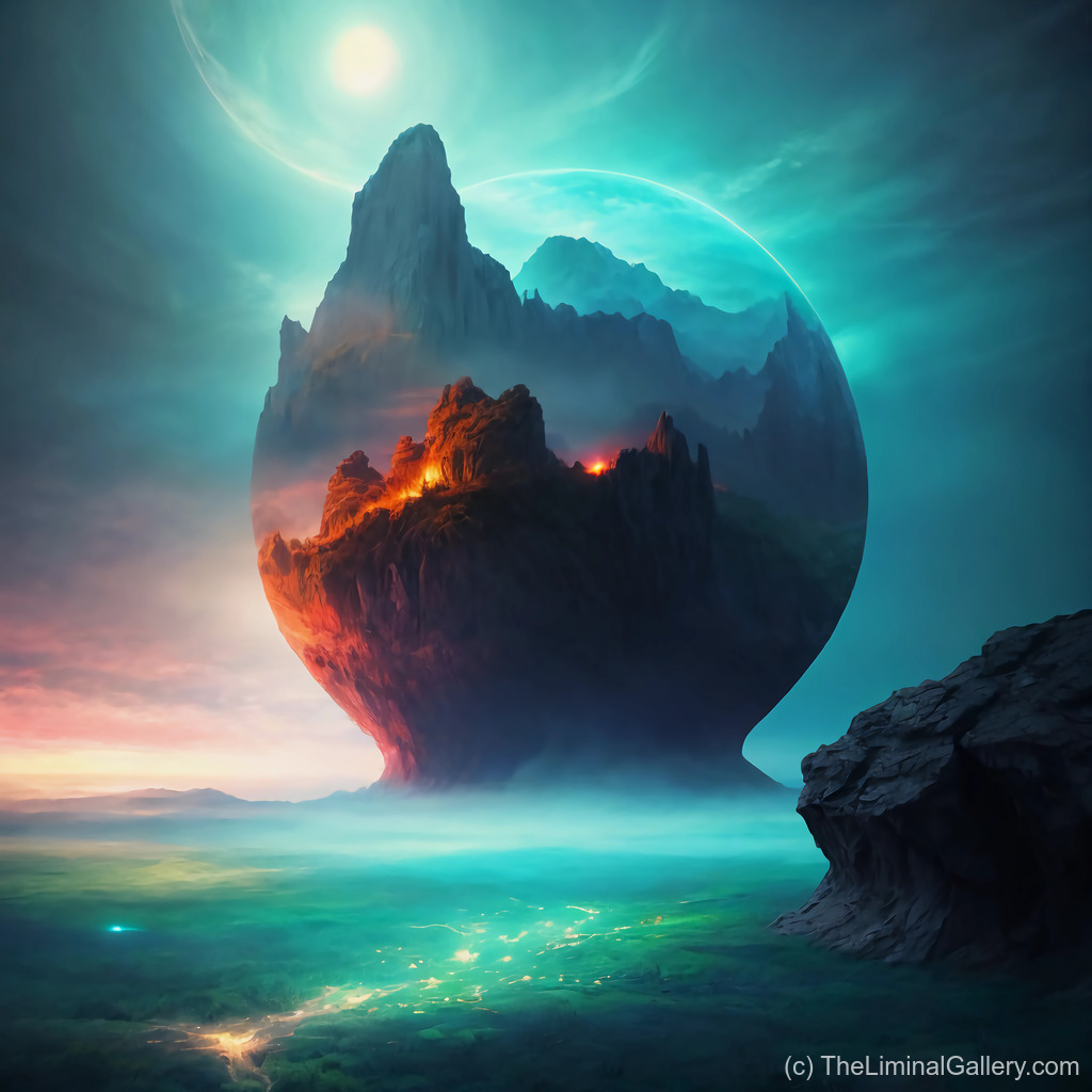 A glowing orb hovering in a surreal backdrop, encapsulating an entire world frozen in time.